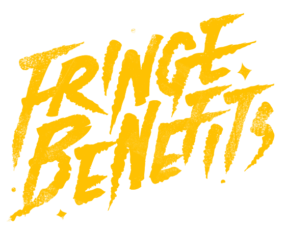 Fringe Benefits logo fun grungy yellow text 